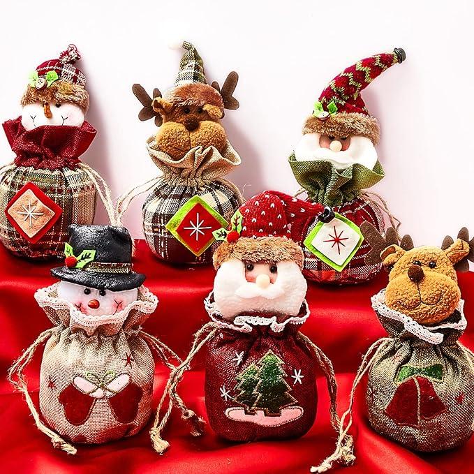 Amylove 6 Pieces Christmas Gift Bags with Drawstrings Xmas 3D Reusable Goody Bags for Christmas Party Favor Wrapping Supplies Bulk(3D Style)