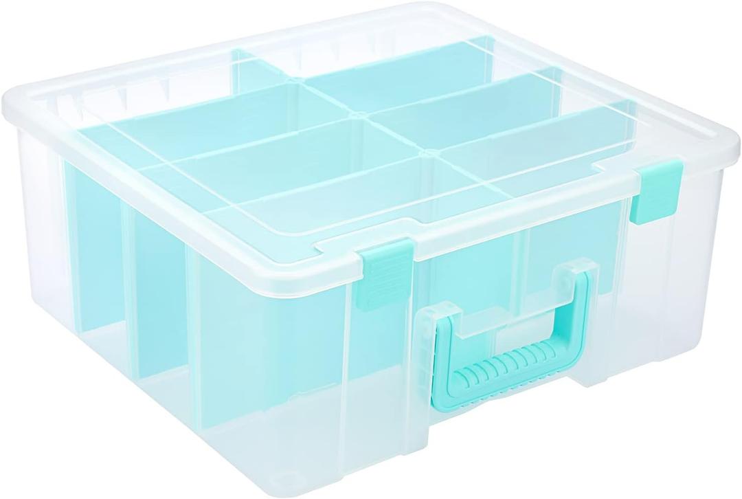 BTSKY Clear Plastic Dividing Storage Box with 8 Deep Compartments Adjustable Storage Bin with Lid Portable Craft Storage Container Multipurpose Sewing Box Art Supply Organizer, 15.1x13.9x6.1 Inches