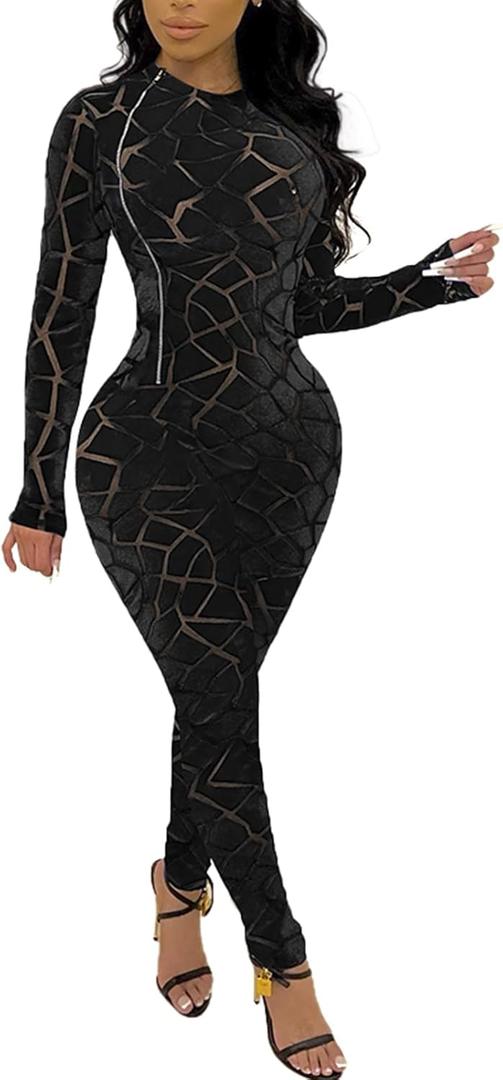 sedmoda Women's Sexy Bodycon Jumpsuits Long Sleeve Sheer Mesh Patchwork Side Zipper Party Club Rompers (Black) S