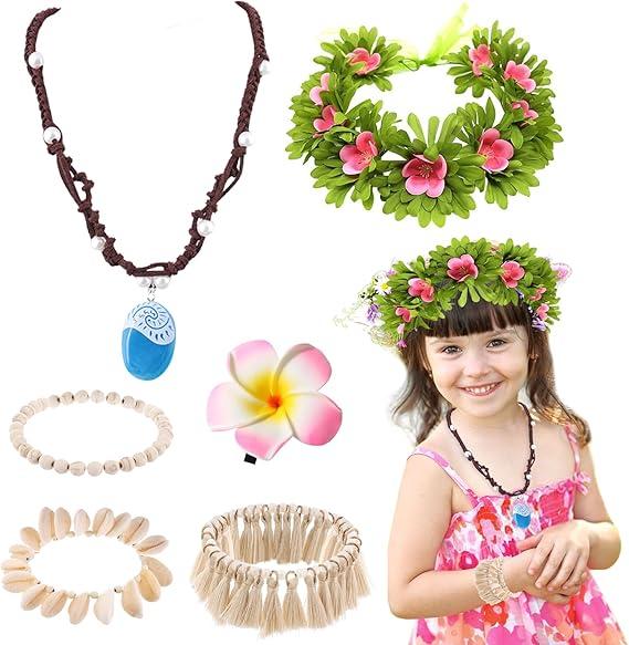 Princess Costume Accessories Set for Women Include Ocean Pendant Hawaii Flowers Garland Headband Flower Hair Clips 3 Boho Shell Anklet Hawaiian Party Costume Accessories Party Favors Dress Up Set