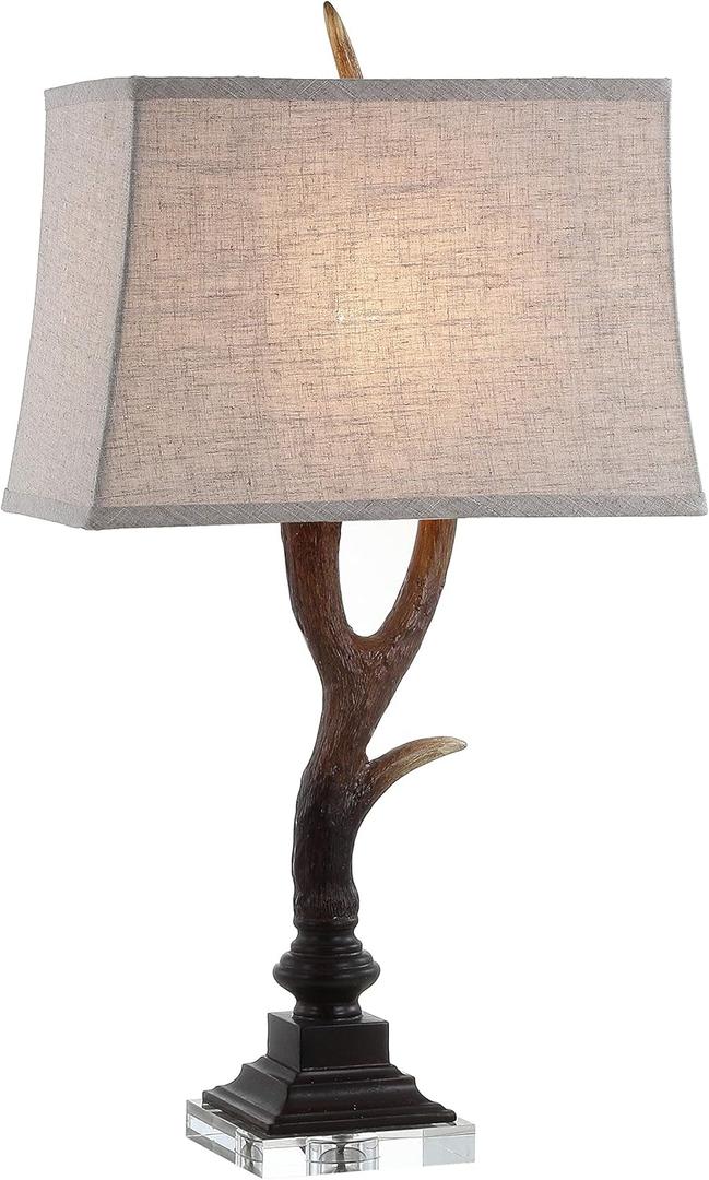 JONATHAN Y 29.5" Brown/Clear Antler Rustic Table Lamp for Cabin Decor, Faux Resin and Crystal Base, Light Grey Linen Shade, LED Bulb Included, UL Listed JYL6306A