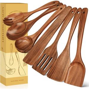 All Wood Cooking Utensils, Wooden Spoons for Cooking, 7 Piece Wood Kitchen Utensil Set, Non Toxic Teak Wood Spatula Spoon Turner, Heat Resistant Ladle, Salad Fork and Scraper for Cookware