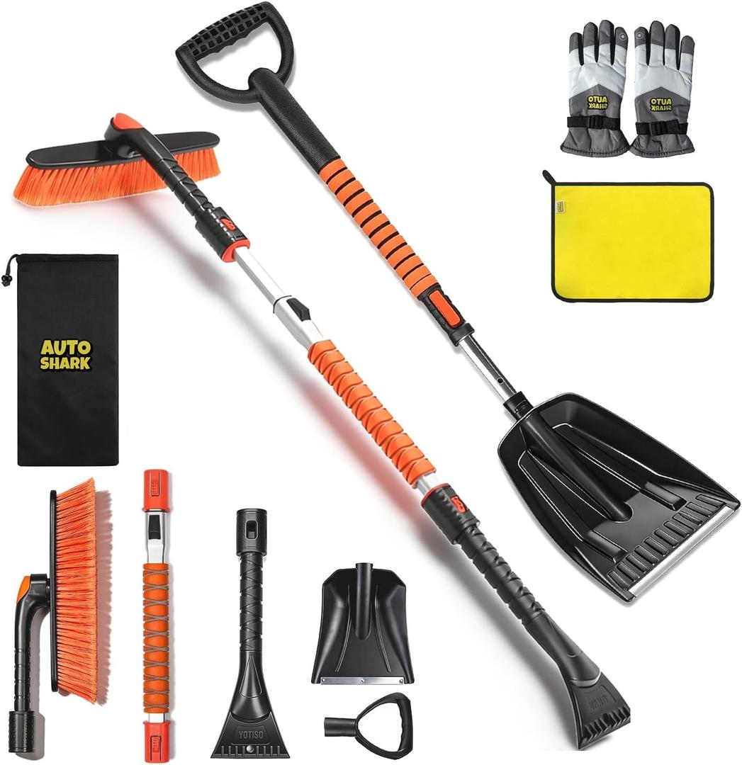 7 in 1 Snow Shovel & Snow Brush Kit, 47.2" Ice Scrapers & Snow Shovel Kit, Car and 360 Pivoting Car Scraper Snow, 7 in 1 Extendable Snow Brush with Foam Grip Glove.