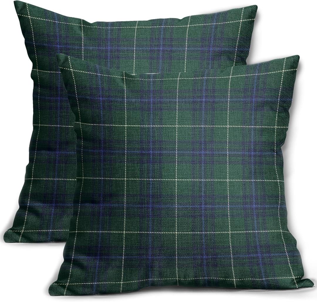 Christmas Plaid Pillow Covers 18x18 Set of 2 Blue Forest Green Buffalo Checkered Xmas Holiday Winter Decorative Outdoor Pillowcases Rustic Farmhouse Throw Cushion Case Decor for Couch Sofa Bed