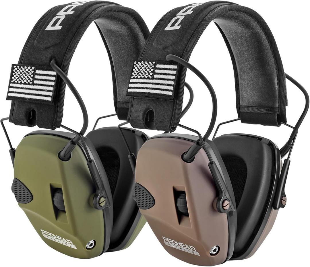 PROHEAR 2 Pack Electronic Ear Protection for Shooting with 4X Sound Amplification, Gun Range Hearing Protection Muffs, NRR 23dB Noise Reduction Headphones for Hunting, Green and Brown