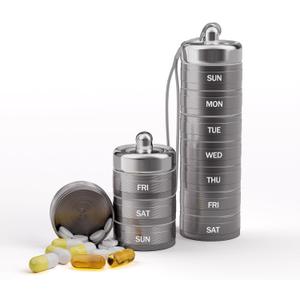 Metal Weekly Pill Organizer 1 Time a Day- 7 Day Detachable Waterproof Travel Pill BoxAluminum Alloy BPA Free Medicine Pill Container for Vitamin Medicine Supplement Fish OilGray