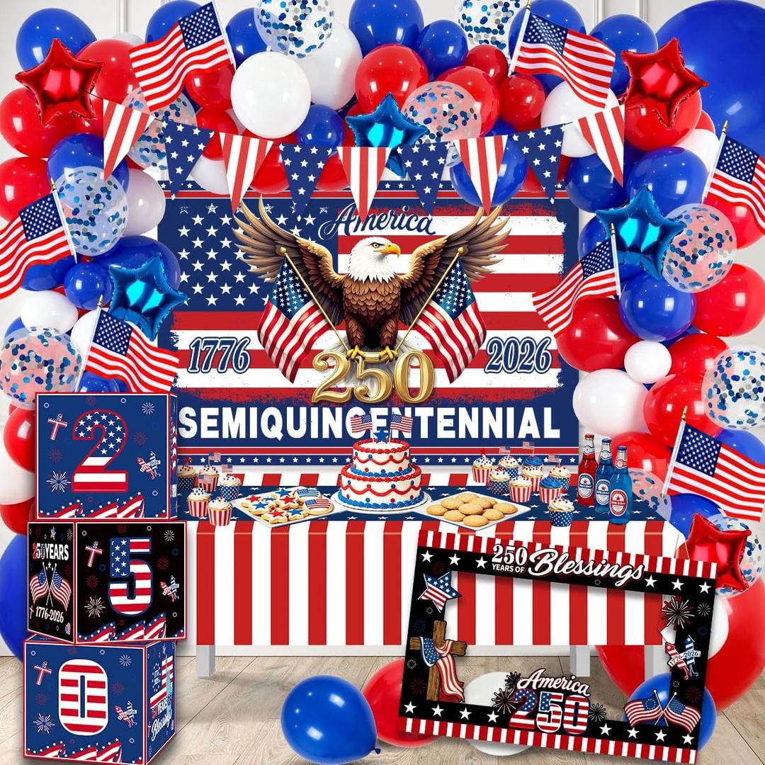 170Pcs 250th Anniversary Decorations, ALL-IN-1 | Patriotic Party Supplies American 250 Decorations Backdrop for 4th of July Independence Day Semiquincentennial Celebration