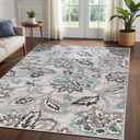 Superior Indoor Large Area Rug for Hallways, Entry, Office, Living/Bedroom, Hardwood, Tile, Floor Cover, Plush Carpet Cover, Modern Farmhouse Floral Decor, Jacobean Collection, 5' x 8', Blue Ivory