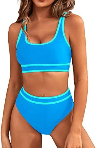 BMJL Women's High Waisted Bikini Sets Sporty Two Piece Swimsuits Color Block Cheeky High Cut Bathing Suits, M