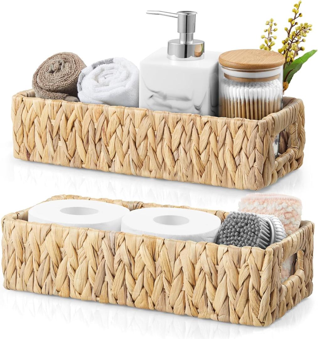 Dreamkey Nesting Wicker Storage Baskets for Organizing with Handles - Small HandWoven Water Hyacinth Toilet Paper Basket for Back of Toilet Tank Top - Storage Baskets for Countertop Organizer, 2 Pack