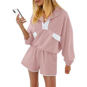 Fisoew Womens 2 Piece Sets Sweatsuits Casual Half Button Color Block Sweatshirts Running Shorts Tracksuits Fall Outfits (Pink, L)