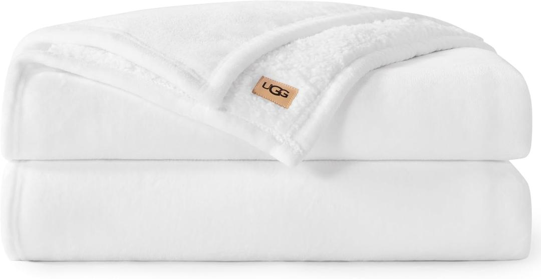 UGG Nita Full/Queen Blanket Fleece Fluffy Reversible Soft Fuzzy Bedding Cozy Plush Warm Oversized Blanket Machine Washable Bedroom Decor for Big Couch or Bed, 90-inch x 90-inch, White Snow