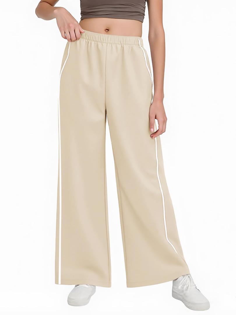Haloumoning Girls Wide Leg Track Pants Kids Baggy Striped Parachute Pants Athletic Joggers with Pockets 5-14Y Beige (Beige)