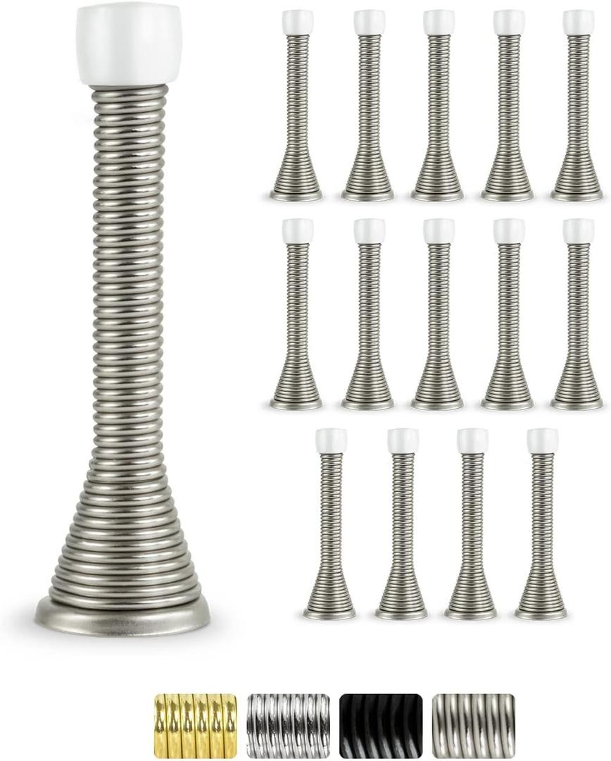 2 x Jack N Drill 15 Pack Spring Door Stoppers for Bottom of Door, 100% Child & Pet Friendly, 3.1" Heavy Duty Satin Nickel Door Stop for Wall Protection, Doorstops for Inside Door with Rubber Bumper Tip