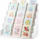 5 Tier Greeting Card Display Stand White Bamboo and Acrylic Sticker Display Stand Trading Card Holder Retail Photos Shelf for Vendors Craft Collection & Show