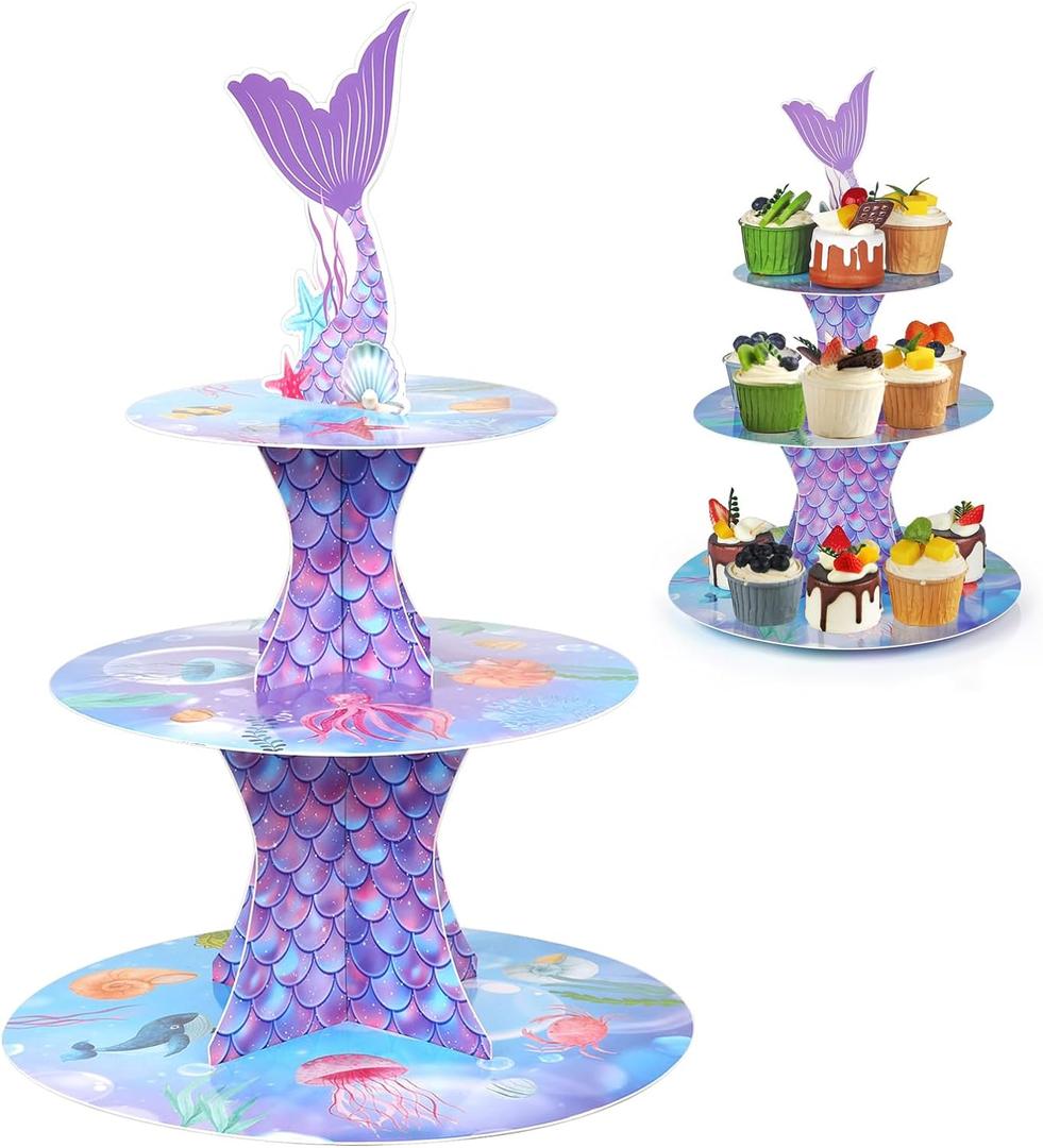 WINKIO Mermaid Cupcake Stand, Little Mermaid Birthday Party Decorations Supplies Favor Under the Sea Theme Cupcake Tower Holder for Girls Kids(1 Pack)