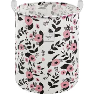 Mziart Cute Laundry Basket, Large Floral Laundry Hamper for Girls Kids Toys Collapsible Clothes Organizer Waterproof Foldable Baby Hamper for Nursery Dorm Fabric Storage Basket Bin with Handles (Pink)