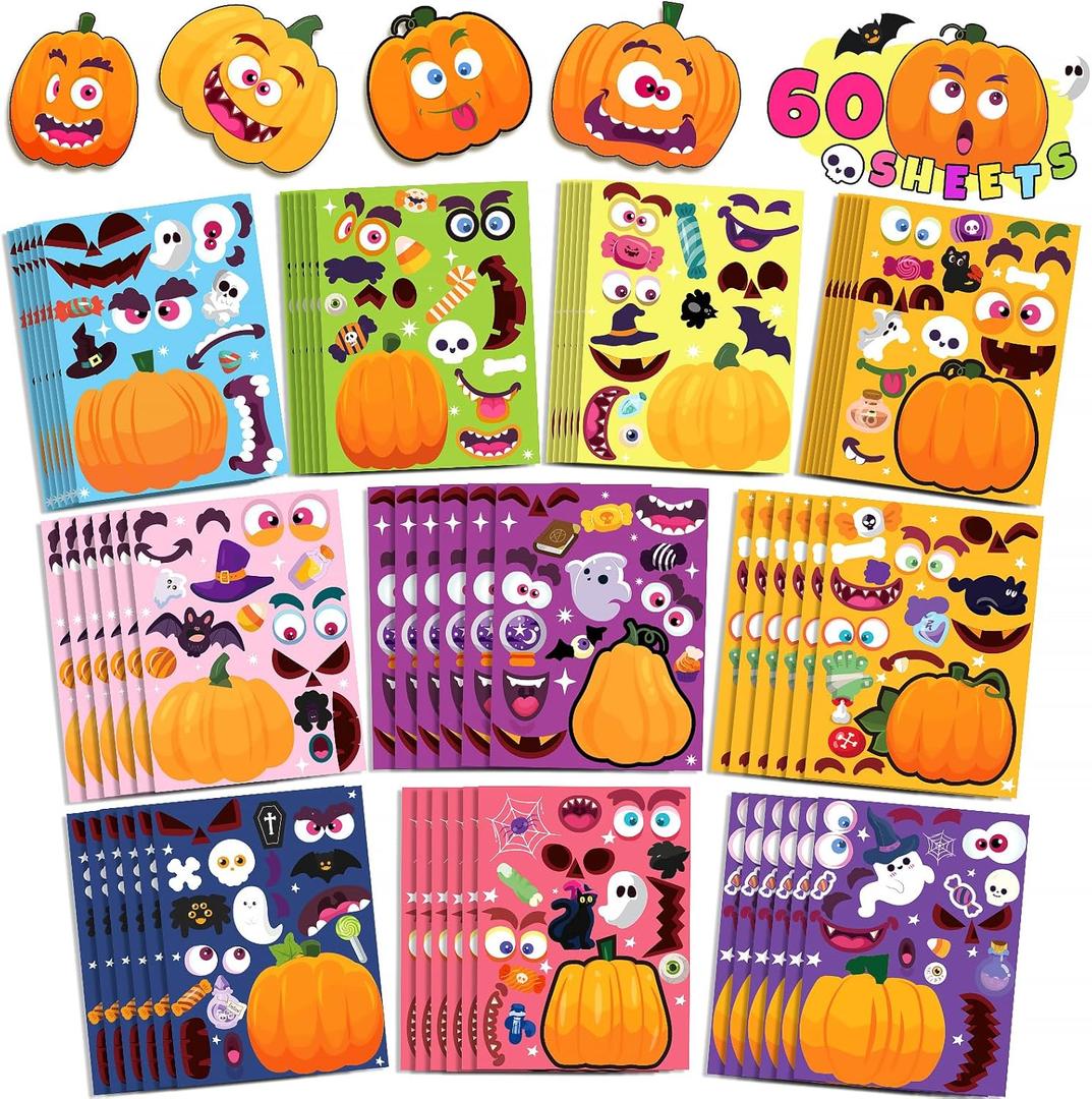 60 PCS Halloween Pumpkin Stickers, Halloween Party Favors for Kids, Make a Pumpkin Face Decorating Stickers with 10 Designs, Art Crafts Party Supplies for Goodies Bags Trick or Treat Activities