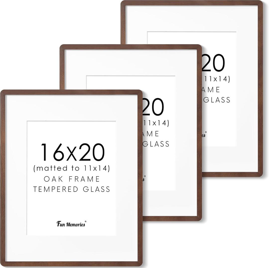 16 x 20 Picture Frame Set of 3, USA-Sourced Oak Wood Photo Frames with HD Tempered Glass, Handcrafted Rounded Corner 16x20 Wooden Frames Matted to 11x14 Photos, Horizontal or Vertical Wall Display, Walnut Color