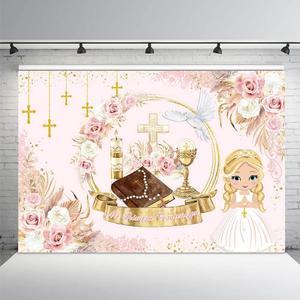7x5ft Mi Primera Comunion Backdrop for Girl God Bless Baptism Party Decorations Christening Ceremony Mi Bautizo Banner Pink Boho Floral Photography Background Photo Props