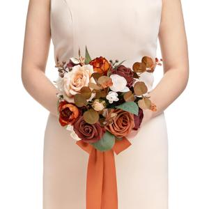 Ling's moment Terracotta Artificial Wedding Flower Bouquets for Bridesmaids Burnt Orange Floral Bouquet Rust Bridal Bouquets for Bridesmaids with Ribbon Ceremony Anniversary,7-inch Diameter