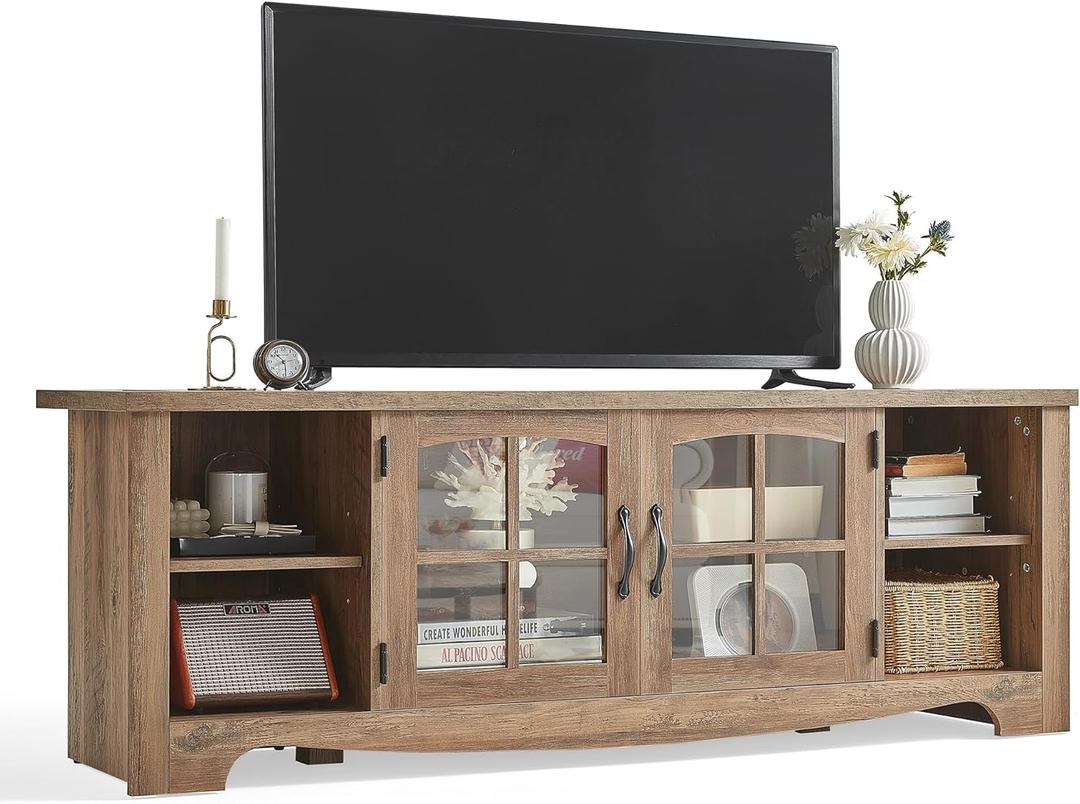 LINSY HOME TV Stand for 75 Inch TV, Modern Farmhouse Entertainment Center with Storage Cabinets and Glass Doors, Tall Media Console Table for Living Room, Bedroom, Large Long Television Stand, Brown, 66"