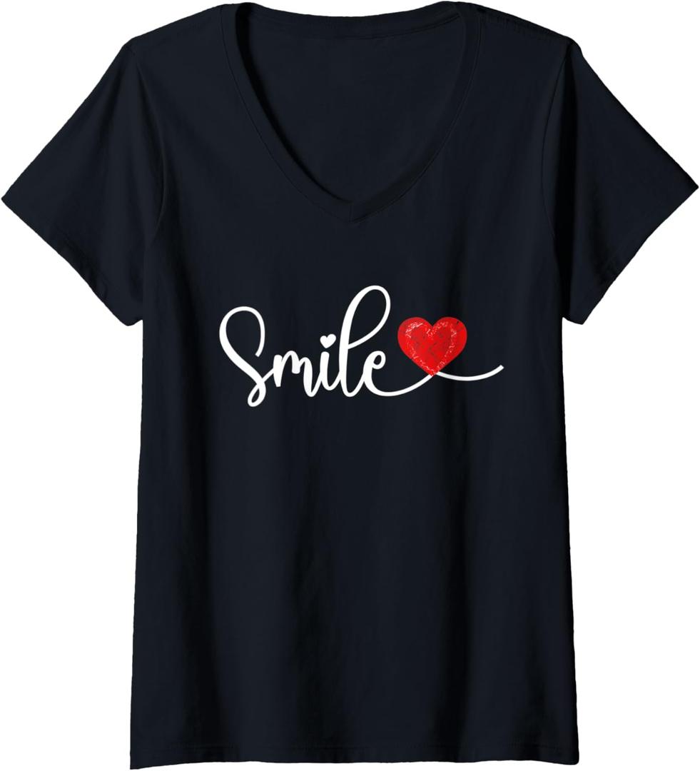 Womens Cute Smile Heart Positive Graphic Quote Inspirational V-Neck T-Shirt (Black, L)