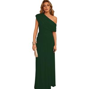 Women's One Shoulder Ruched Formal Bodycon Dress Elegant Sleeveless Stretchy Cocktail Party Dress, (Green, L)