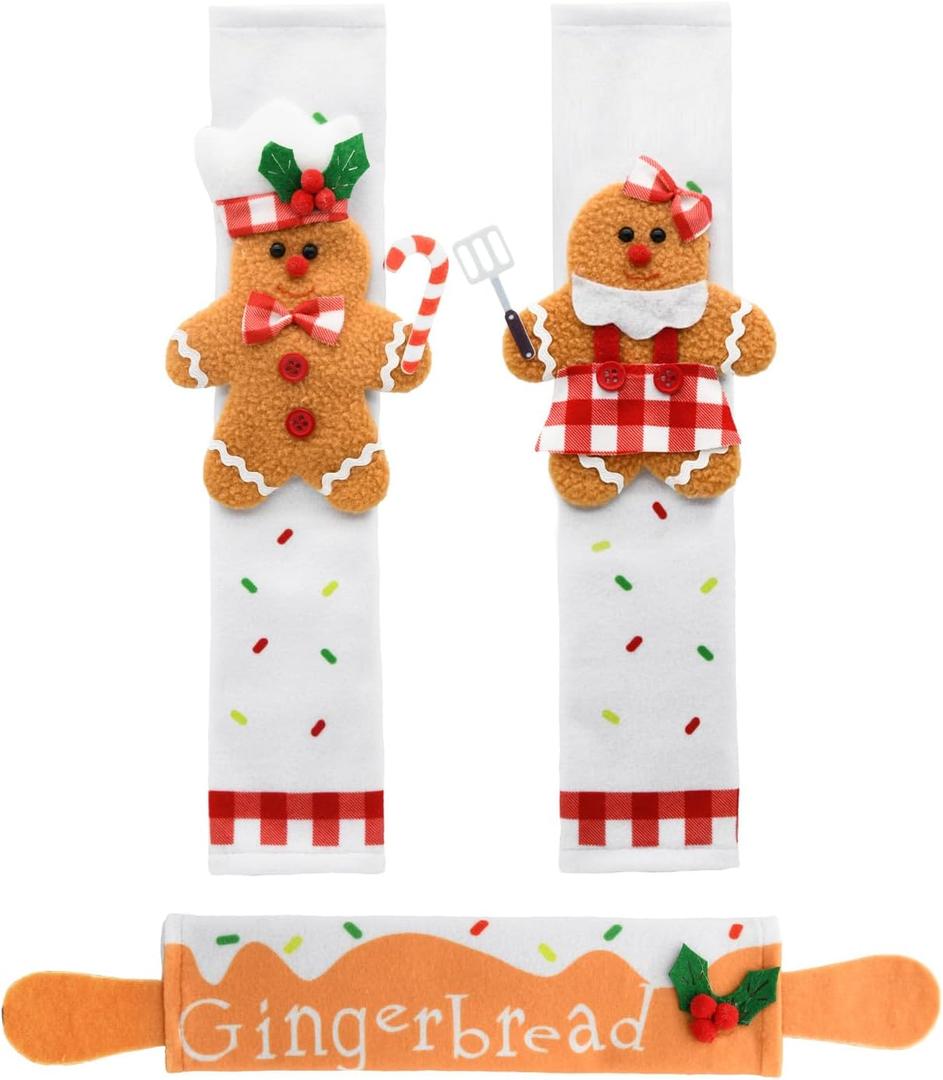 Christmas Refrigerator Handle Covers Decor, 3 Pack Christmas Gingerbread Handle Covers for Kitchen Refrigerator Appliance Decorations Indoor, Xmas Washable Holiday Decor