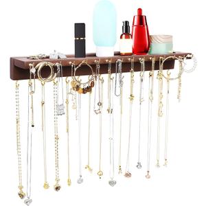YYILIS Necklace Holder, Upgraded Extra Large Wall Necklace Organizer with 30 Hooks Wall Mounted Necklace Hanger with Jewelry Tray/Cosmetics Shelf Rustic Pine Wood Holder (Walnut)