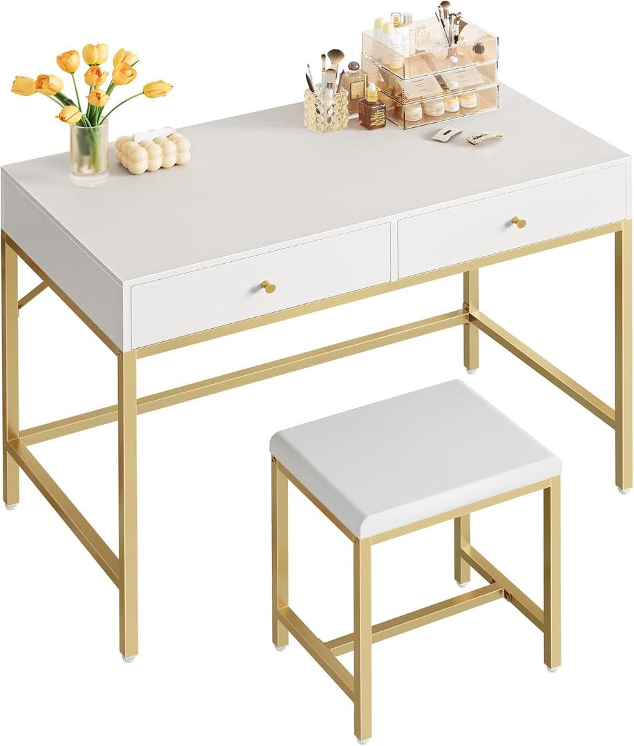 SUPERJARE 35.4" White and Gold Desk with 2 Drawers, Modern Makeup Vanity with Padded Stool, Small Computer Desk Home Office Desk for Writing Study Bedroom