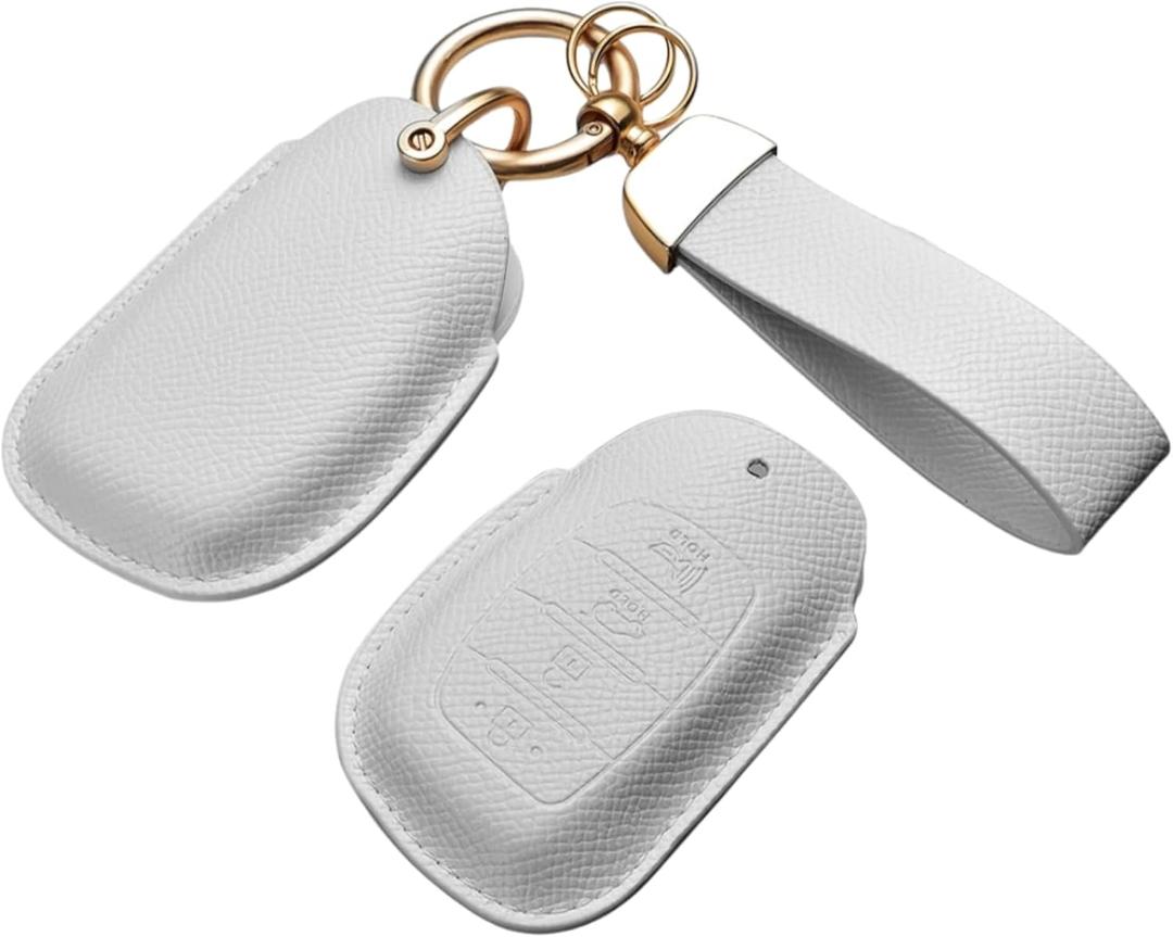 Key Fob Cover for Hyundai, Premium Leather Key Case Shell with Keychain for Hyundai Elantra GT Ioniq Sonata Tucson 4 Buttons (White)