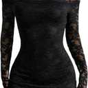 GORGLITTER Women's Lace Long Sleeves Mini Dress Y2K Fall Sexy Off The Shoulder Bodycon Night Out Birthday Party Dresses (Black) Extra Small