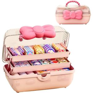 GKWW Cute Girls Hair Accessories Storage Box Bow Switch Organizer Box Jewelry Box, Plastic Hair Ties Holder Hair Clips Container Storage Box for Home, School, Office(Pink)