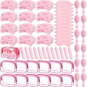 60 Pcs Sleepover Party Supplies 12 Pink Spa Headband 12 Plush Sleep Eye Mask 12 Mini Hair Brush 12 Combs 12 Clear Cosmetic Bags Bulk for Christmas Spa Slumber Party Favors Gift