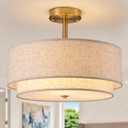 16" Semi Flush Mount Ceiling Light Fixture,Modern Close to Ceiling Light, 3-Lights Gold Drum Ceiling Light with Linen Fabric Shade for Bedroom Living Dining Room Hallway Entryway Foyer