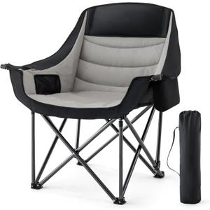 Padded Camping Chair for Adults Heavy Duty Oversized Portable Folding Camp Chair with Cup Holder Cooler Pockets 500lbs Support for Outdoor Beach Fishing Garden (Black & Light Gray)