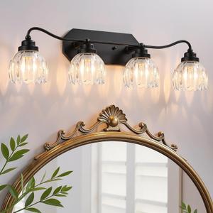 Vintage Bathroom Light Fixtures, 4 Light Bathroom Vanity Light, Black Matte Antique Brass Finish with Crystal Glass Shade, Mid Century Wall Sconces for Bedroom, Living Room, Hallway