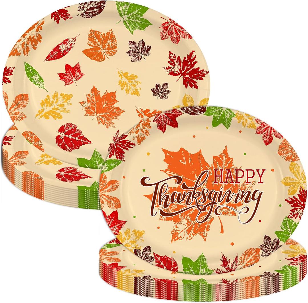 50PCS Thanksgiving Maple Leaf Party Plates Oval Fall Leaves Paper Plates for Birthday Baby Shower Holiday Autumn Harvest Party Supplies Tableware Decorations 25 Guests