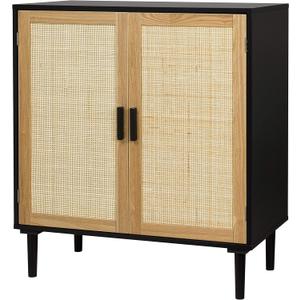Finnhomy Sideboard Buffet Cabinet, Kitchen Storage Cabinet with Rattan Decorated Doors, Accent Liquor Cabinet for Bar, Dining Room, Hallway, Cupboard Console Table, 31.5X 15.8X 34.6 Inches (Black)