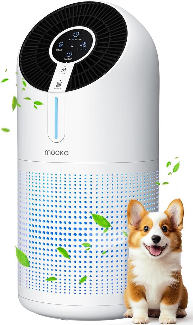 MOOKA Air Purifiers for Home Large Room up to 1095ft, H13 HEPA Filter Air Cleaner for Pets Bedroom Remove Smoke Dust Pollens Dander, Room Air Purifier with Timer Lock 4 Modes Night Light, M02