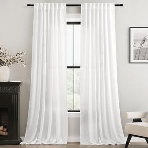 Extra Long White Curtain 120 inches Long 2 Panels Set Back Tab Light Filtering Cotton Textured Curtain Modern Farmhouse Coastal Decor White Linen Drapes 120 inch Length for Large Window 10 FT 42x120
