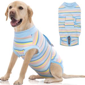 FUAMEY Recovery Suit for Dogs After Surgery,Soft Breathable Dog Bodysuit E-Collar & Cone Alternative Surgical Suit,Male Female Dog Neuter Spay Suits Anti Licking Wounds Onesie Blue Yellow Stripes XXL (