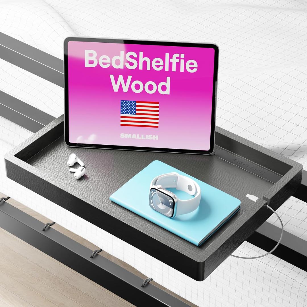 BedShelfie Wood Bedside Shelf for Bunk Bed & Top Bunk, College Dorm Room Essentials, Loft Nightstand, Floating Bed Side Table Tray Storage, Dorm Room Decor By Smallish - (DormEssential Wood, Black)
