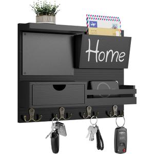 Farmhouse Key Holder for Wall with Mail Organizer - Easy Installation Wall Mount Organizer, Includes Chalkboard, Drawer, Wallet Holder & 4 Double Hooks, Ideal for Entryway, Quick Access - Black