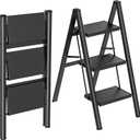 HBTower 3 Step Ladder, Lightweight Aluminum Folding Step Stool, Step Stool Foldable with Wide Anti-Slip Pedal, 330lbs Capacity for Home and Kitchen, Black