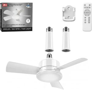 Socket Fan Light with Remote,3 Colors 3000K-6500K Dimmable LED Light Bulb Fan for E26/E27 Base,Small Ceiling Fan with Socket Extender,Screw in Small Ceiling Fan for Bedroom Living Room Kitchen,White