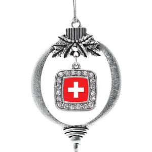 Inspired Silver - Switzerland Flag - Silver Christmas Ornament - Square Charm Christmas Tree Ornament with Cubic Zirconia - Holiday Hanging Decoration