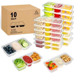 MACTANO 8 OZ Reusable Snack Containers with Lids, New 3 Compartment Condiment Snack Pack Containers 10 Sets