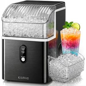 Kismile Nugget Ice Maker Countertop, Sonic Ice Maker with 35Lbs/24H, First Ice in 7 Mins, 1.2L Water Tank, Ice Basket Holds 2.2Lbs, Self-Cleaning Pebble Ice Machine for Home Kitchen Office Bar(Black)